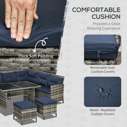 8-Seater Patio Wicker Rattan Sofa Set with Glass Table & Cushions - Dark Blue