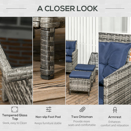 8-Seater Patio Wicker Rattan Sofa Set with Glass Table & Cushions - Dark Blue