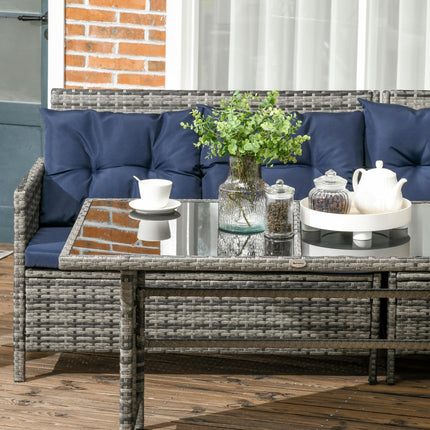 8-Seater Patio Wicker Rattan Sofa Set with Glass Table & Cushions - Dark Blue