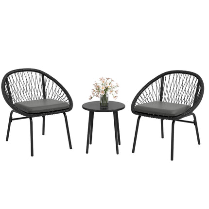 3 Piece Rattan Garden Furniture Set with Cushions and Coffee Table - Black