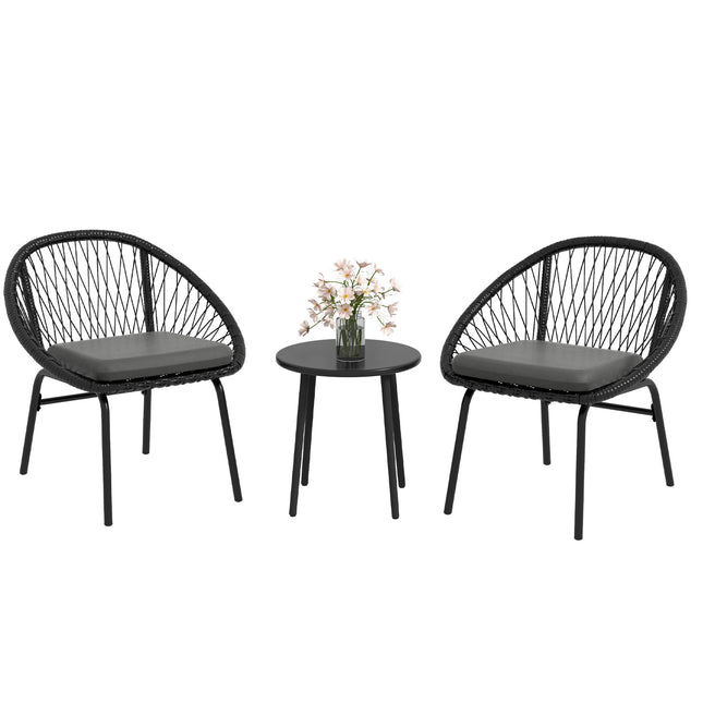 3 Piece Rattan Garden Furniture Set with Cushions and Coffee Table - Black