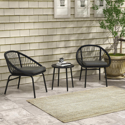 3 Piece Rattan Garden Furniture Set with Cushions and Coffee Table - Black
