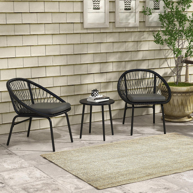 3 Piece Rattan Garden Furniture Set with Cushions and Coffee Table - Black