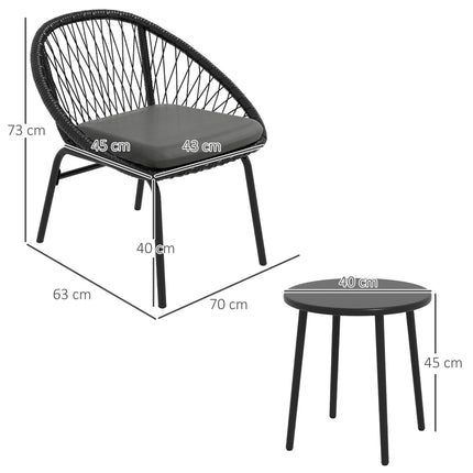 3 Piece Rattan Garden Furniture Set with Cushions and Coffee Table - Black