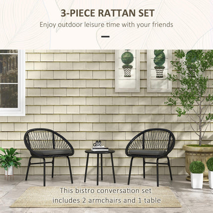 3 Piece Rattan Garden Furniture Set with Cushions and Coffee Table - Black