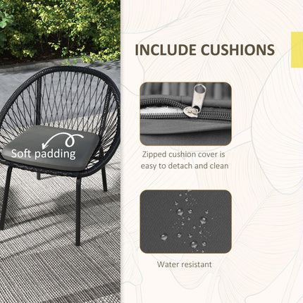 3 Piece Rattan Garden Furniture Set with Cushions and Coffee Table - Black