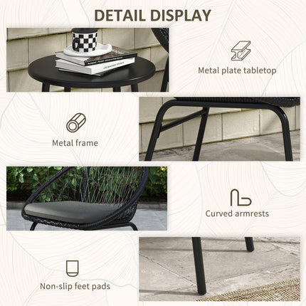 3 Piece Rattan Garden Furniture Set with Cushions and Coffee Table - Black