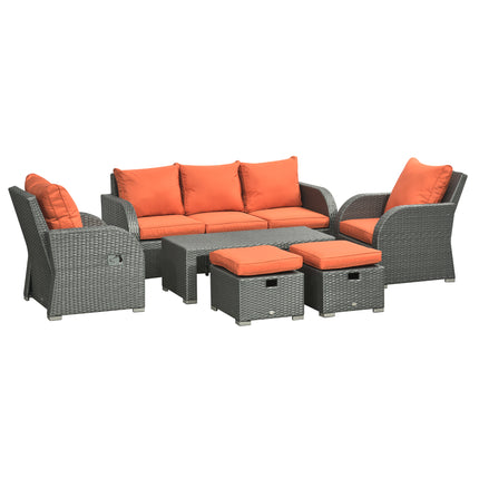 6pc Outdoor Rattan Wicker Furniture Set with 3-Seat Sofa, 2 Reclining Single Sofas, 2 Footstools & Coffee Table - Orange