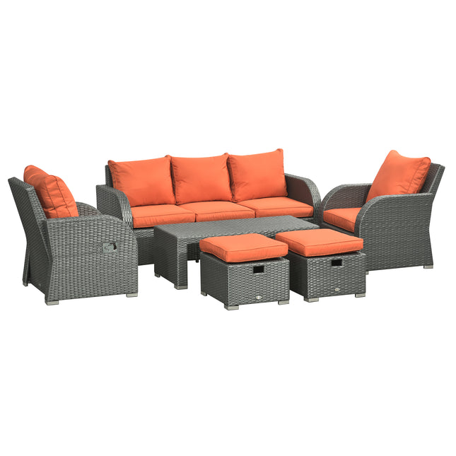 6pc Outdoor Rattan Wicker Furniture Set with 3-Seat Sofa, 2 Reclining Single Sofas, 2 Footstools & Coffee Table - Orange