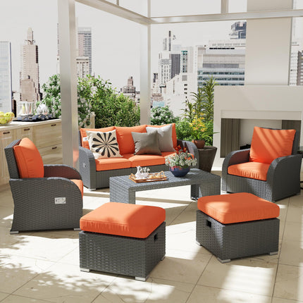 6pc Outdoor Rattan Wicker Furniture Set with 3-Seat Sofa, 2 Reclining Single Sofas, 2 Footstools & Coffee Table - Orange