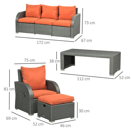 6pc Outdoor Rattan Wicker Furniture Set with 3-Seat Sofa, 2 Reclining Single Sofas, 2 Footstools & Coffee Table - Orange