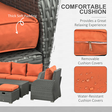 6pc Outdoor Rattan Wicker Furniture Set with 3-Seat Sofa, 2 Reclining Single Sofas, 2 Footstools & Coffee Table - Orange