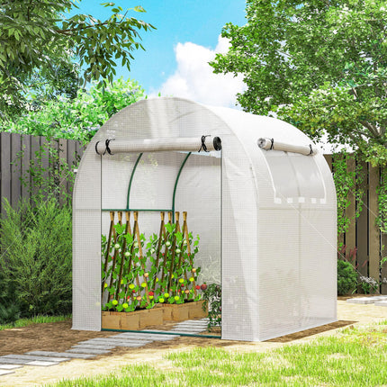 Walk-In 6x6ft Polytunnel Greenhouse with Roll-Up Door & Window - White