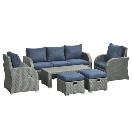 6pc Outdoor Rattan Wicker Furniture Set with 3-Seat Sofa, 2 Reclining Single Sofas, 2 Footstools & Coffee Table - Blue
