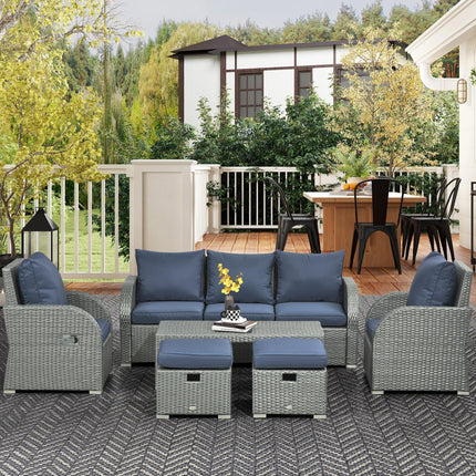 6pc Outdoor Rattan Wicker Furniture Set with 3-Seat Sofa, 2 Reclining Single Sofas, 2 Footstools & Coffee Table - Blue