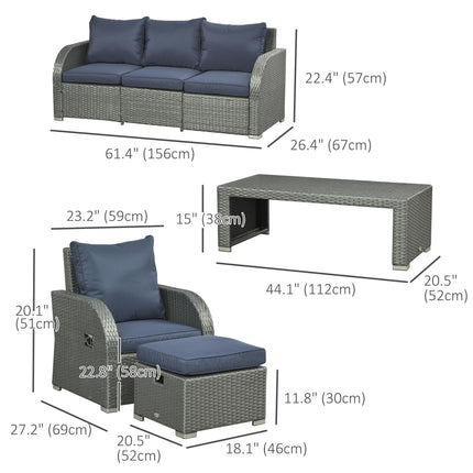 6pc Outdoor Rattan Wicker Furniture Set with 3-Seat Sofa, 2 Reclining Single Sofas, 2 Footstools & Coffee Table - Blue