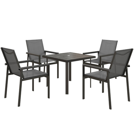 5-Piece Garden Dining Set with Glass Top Table, Umbrella Hole & 4 Mesh Armchairs - Grey