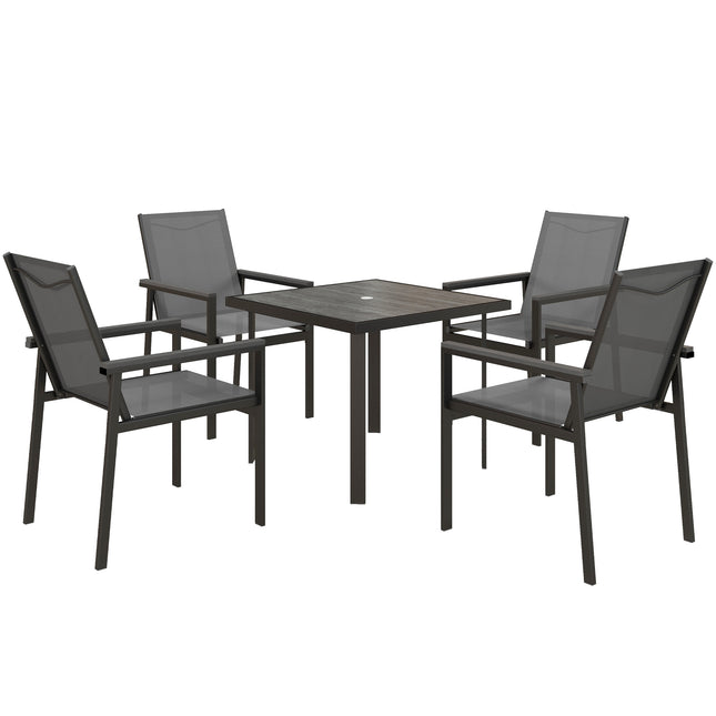 5-Piece Garden Dining Set with Glass Top Table, Umbrella Hole & 4 Mesh Armchairs - Grey