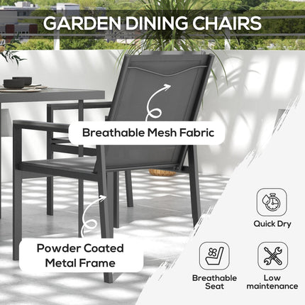 5-Piece Garden Dining Set with Glass Top Table, Umbrella Hole & 4 Mesh Armchairs - Grey
