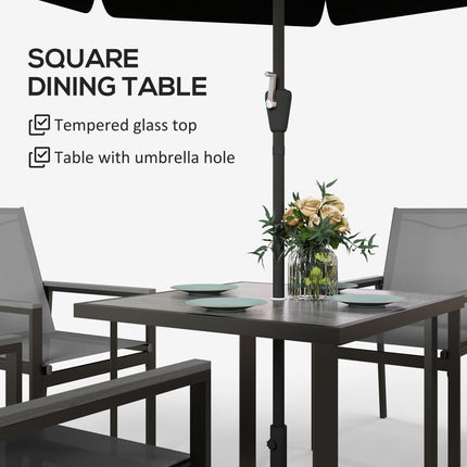 5-Piece Garden Dining Set with Glass Top Table, Umbrella Hole & 4 Mesh Armchairs - Grey