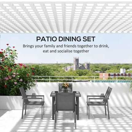 5-Piece Garden Dining Set with Glass Top Table, Umbrella Hole & 4 Mesh Armchairs - Grey