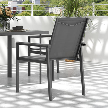 5-Piece Garden Dining Set with Glass Top Table, Umbrella Hole & 4 Mesh Armchairs - Grey