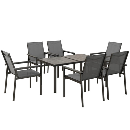 7-Piece Outdoor Garden Dining Set with Glass Top Table & 6 Mesh Armchairs - Grey