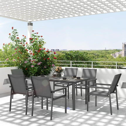 7-Piece Outdoor Garden Dining Set with Glass Top Table & 6 Mesh Armchairs - Grey