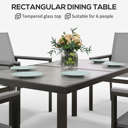 7-Piece Outdoor Garden Dining Set with Glass Top Table & 6 Mesh Armchairs - Grey
