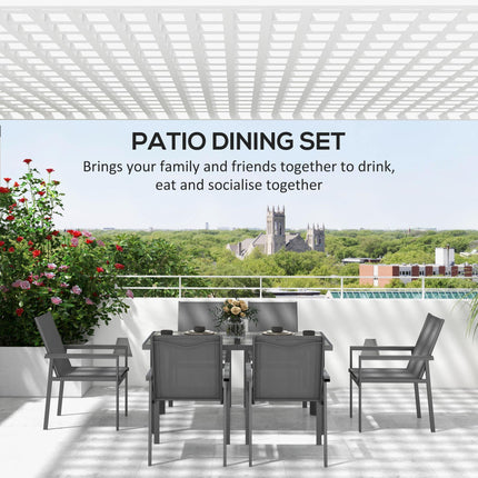 7-Piece Outdoor Garden Dining Set with Glass Top Table & 6 Mesh Armchairs - Grey