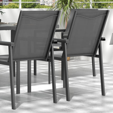 7-Piece Outdoor Garden Dining Set with Glass Top Table & 6 Mesh Armchairs - Grey