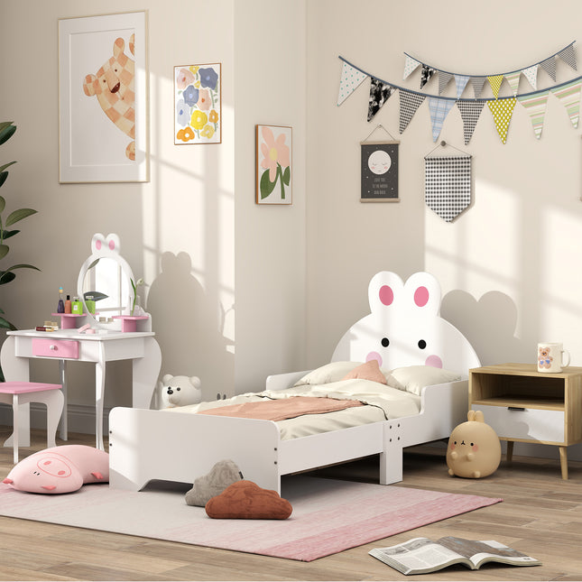 Toddler Bed Frame with Rabbit Design and Safety Rails - White and Pink