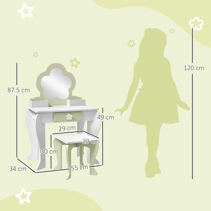 2 Piece Kids Vanity Table and Stool Set with Mirror - White
