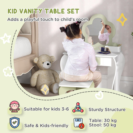 2 Piece Kids Vanity Table and Stool Set with Mirror - White