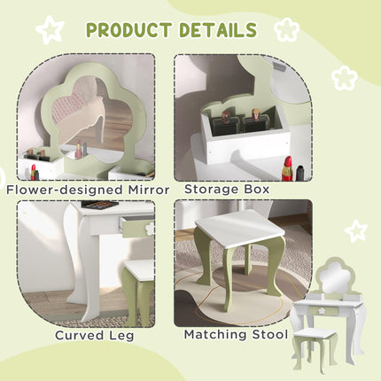 2 Piece Kids Vanity Table and Stool Set with Mirror - White