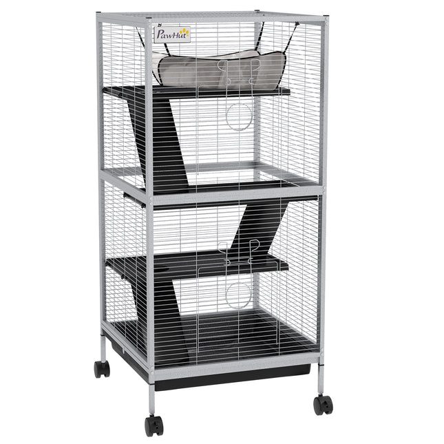 Small Animal Cage Play House with Wheels and Platforms - Light Grey
