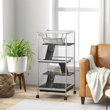 Small Animal Cage Play House with Wheels and Platforms - Light Grey