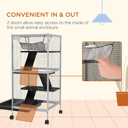 Small Animal Cage Play House with Wheels and Platforms - Light Grey