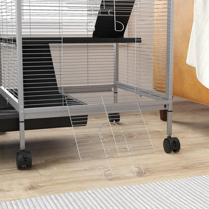 Small Animal Cage Play House with Wheels and Platforms - Light Grey