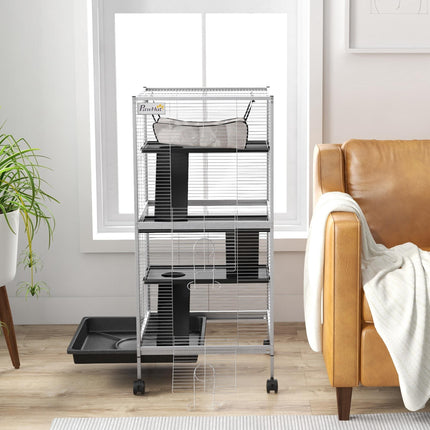 Small Animal Cage Play House with Wheels and Platforms - Light Grey