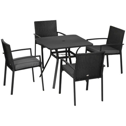 Five-Piece Garden Dining Set with Rattan Seat Cushions and Parasol Hole - Black