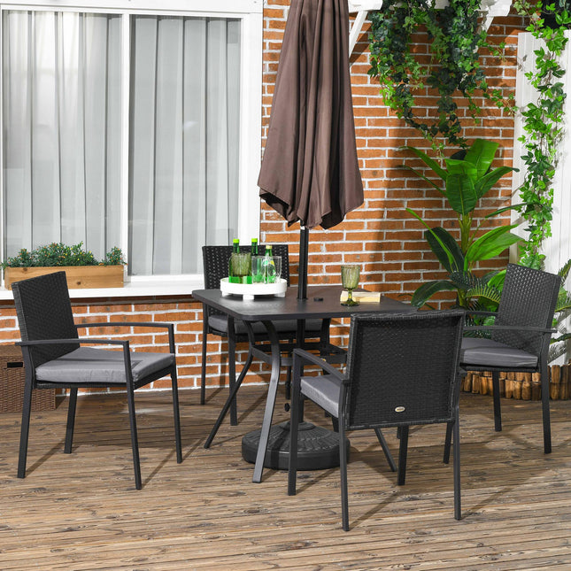 Five-Piece Garden Dining Set with Rattan Seat Cushions and Parasol Hole - Black