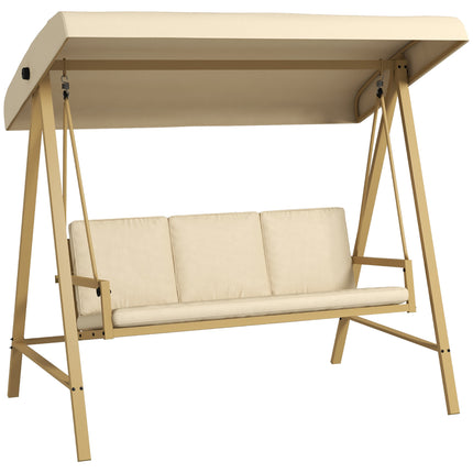 3 Seater Garden Swing Chair with Adjustable Canopy and Removable Cushions - Beige