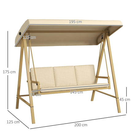 3 Seater Garden Swing Chair with Adjustable Canopy and Removable Cushions - Beige