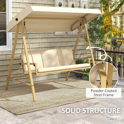 3 Seater Garden Swing Chair with Adjustable Canopy and Removable Cushions - Beige