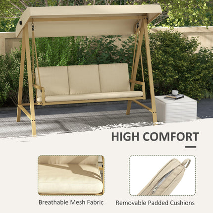 3 Seater Garden Swing Chair with Adjustable Canopy and Removable Cushions - Beige