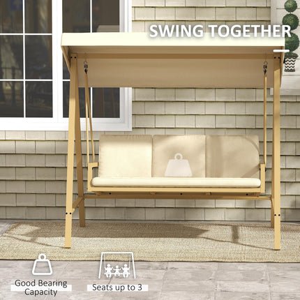 3 Seater Garden Swing Chair with Adjustable Canopy and Removable Cushions - Beige