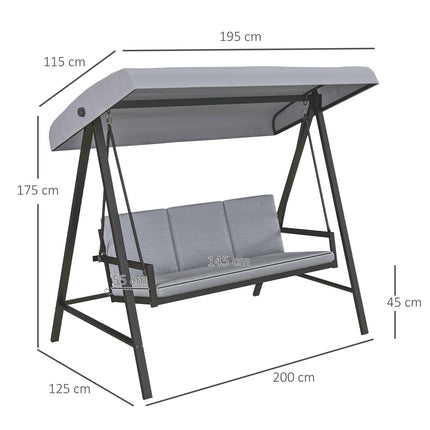 3 Seater Garden Swing Chair with Adjustable Canopy and Removable Cushions - Grey