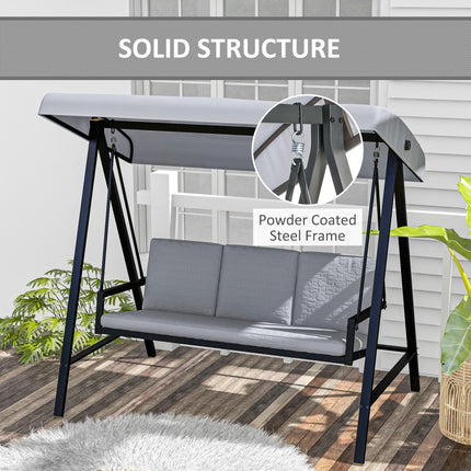 3 Seater Garden Swing Chair with Adjustable Canopy and Removable Cushions - Grey