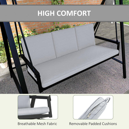3 Seater Garden Swing Chair with Adjustable Canopy and Removable Cushions - Grey